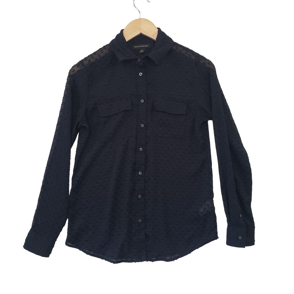 Banana Republic Navy Blue Swiss Dot Button Down Shirt Womens‎ XS Long Sleeve